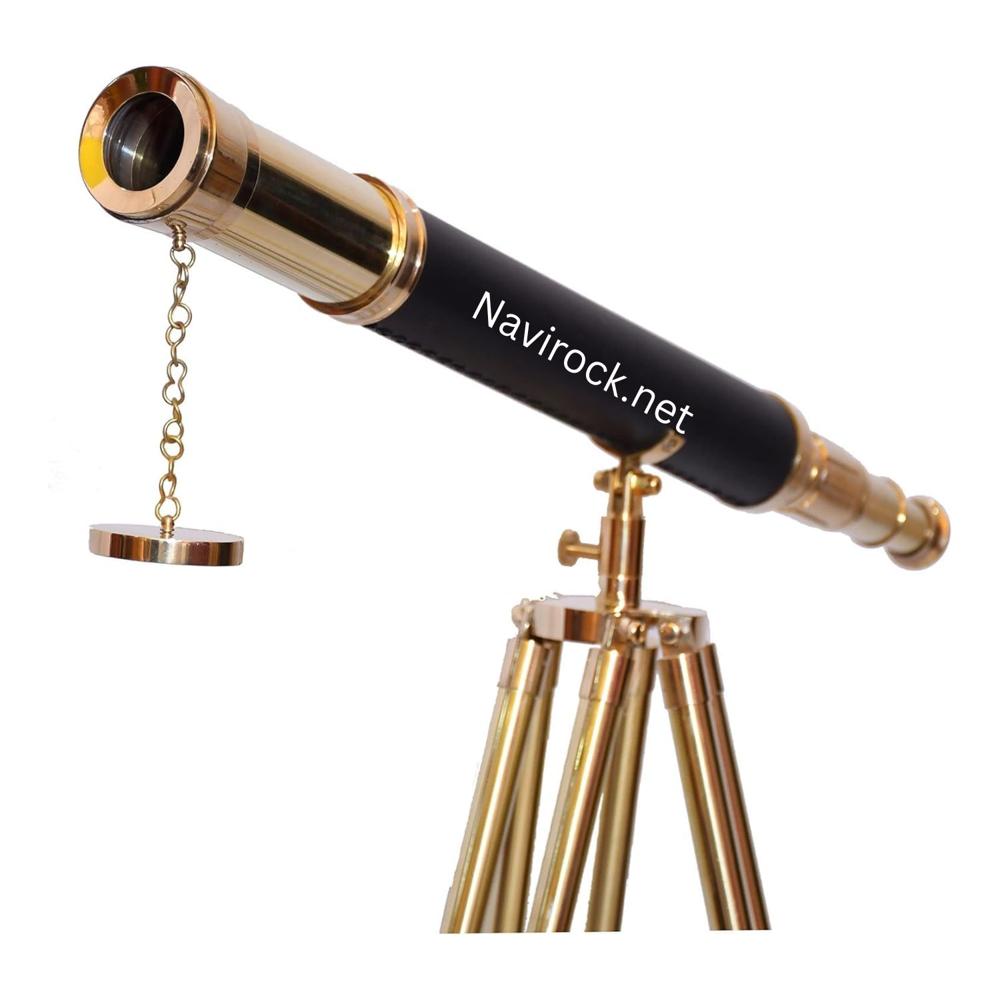 Vintage Shiny Brass Floor Standing Telescope  Black Leather Single Barrel on Wooden Tripod Nautical Decor
