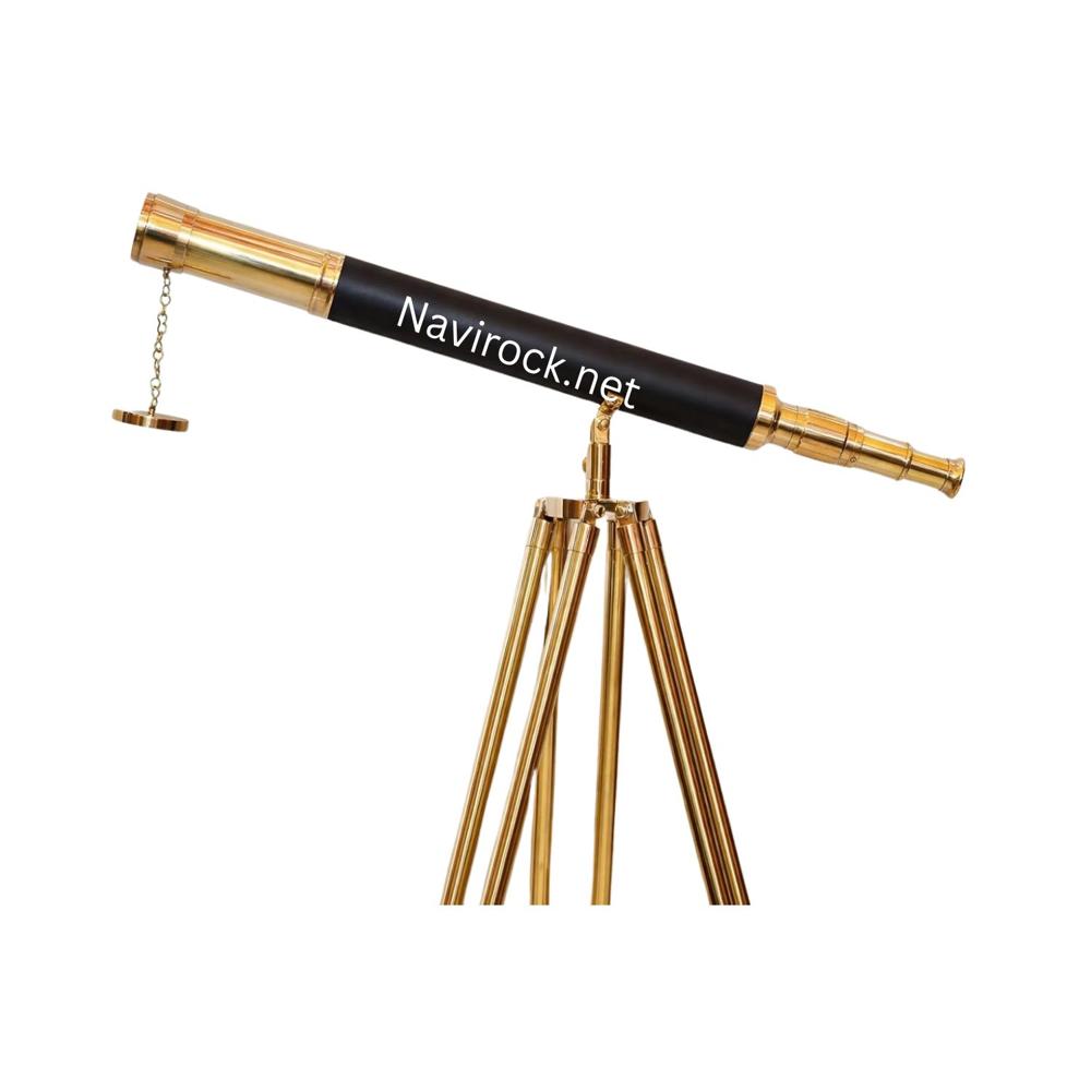 Vintage Shiny Brass Floor Standing Telescope  Black Leather Single Barrel on Wooden Tripod Nautical Decor