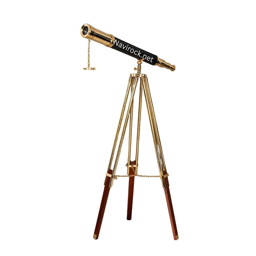Vintage Shiny Brass Floor Standing Telescope  Black Leather Single Barrel on Wooden Tripod Nautical Decor