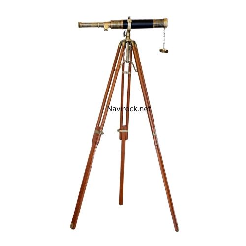 Handcrafted Antique Brass Telescope Black Leather Wrapped Spyglass with Adjustable Wooden/Brass Tripod