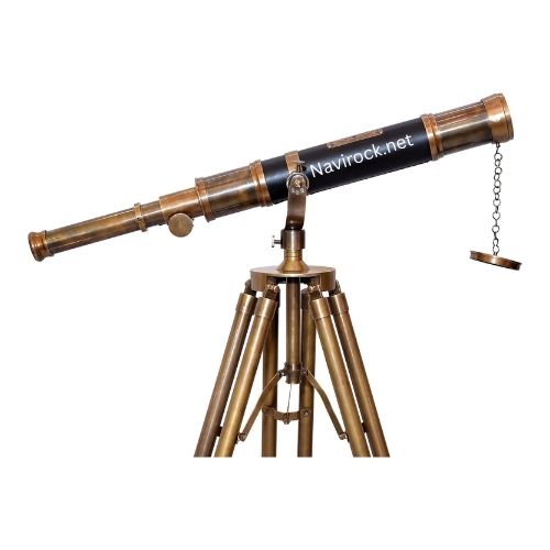 Handcrafted Antique Brass Telescope Black Leather Wrapped Spyglass with Adjustable Wooden/Brass Tripod