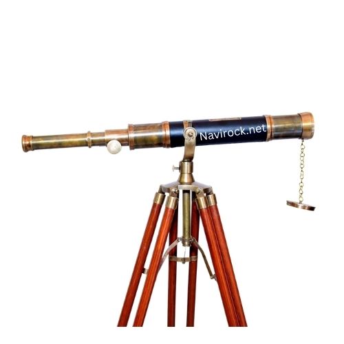 Handcrafted Antique Brass Telescope Black Leather Wrapped Spyglass with Adjustable Wooden/Brass Tripod