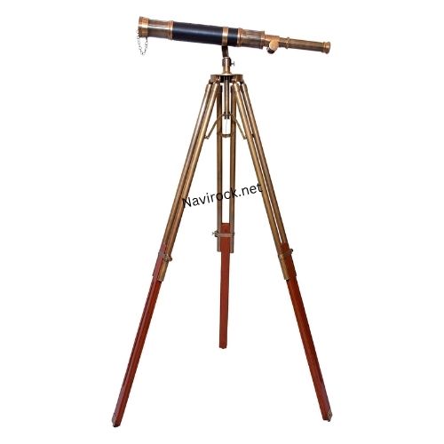 Handcrafted Antique Brass Telescope Black Leather Wrapped Spyglass with Adjustable Wooden/Brass Tripod