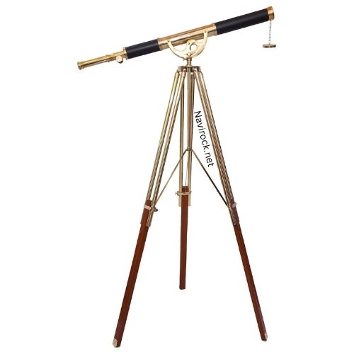 Vintage Brass Nautical Telescope on Wooden Tripod, Black Leather Spyglass Decor for Home & Office Display