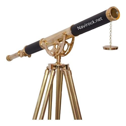 Vintage Brass Nautical Telescope on Wooden Tripod, Black Leather Spyglass Decor for Home & Office Display