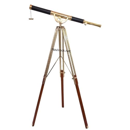 Vintage Brass Nautical Telescope on Wooden Tripod, Black Leather Spyglass Decor for Home & Office Display