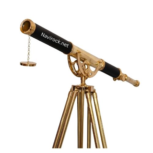 Vintage Brass Nautical Telescope on Wooden Tripod, Black Leather Spyglass Decor for Home & Office Display
