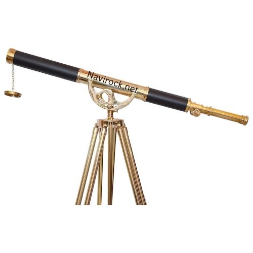 Vintage Brass Nautical Telescope on Wooden Tripod, Black Leather Spyglass Decor for Home & Office Display