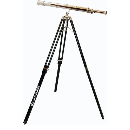 Vintage Brass Nautical Telescope with Black Wooden Tripod Stand, Floor Standing Maritime Spyglass Decor, Antique Style Observation Scope for Living Room, Office, Study & Coastal Home Decoration