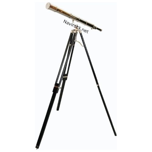 Vintage Brass Nautical Telescope with Black Wooden Tripod Stand, Floor Standing Maritime Spyglass Decor, Antique Style Observation Scope for Living Room, Office, Study & Coastal Home Decoration