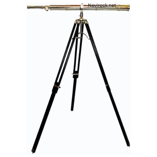 Vintage Brass Nautical Telescope with Black Wooden Tripod Stand, Floor Standing Maritime Spyglass Decor, Antique Style Observation Scope for Living Room, Office, Study & Coastal Home Decoration