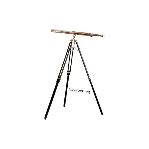 Vintage Brass Nautical Telescope with Black Wooden Tripod Stand, Floor Standing Maritime Spyglass Decor, Antique Style Observation Scope for Living Room, Office, Study & Coastal Home Decoration