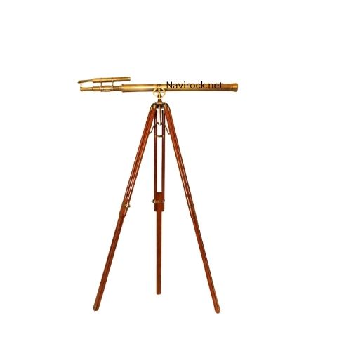 Vintage Double Barrel Brass Nautical Telescope with Wooden Tripod Stand, Floor Standing Maritime Spyglass Decor, Antique Explorer Observation Scope for Living Room, Office & Coastal Home Decoration