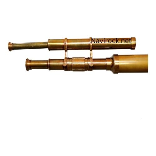 Vintage Double Barrel Brass Nautical Telescope with Wooden Tripod Stand, Floor Standing Maritime Spyglass Decor, Antique Explorer Observation Scope for Living Room, Office & Coastal Home Decoration