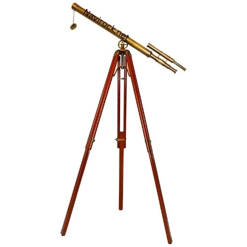 Vintage Double Barrel Brass Nautical Telescope with Wooden Tripod Stand, Floor Standing Maritime Spyglass Decor, Antique Explorer Observation Scope for Living Room, Office & Coastal Home Decoration