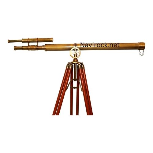 Vintage Double Barrel Brass Nautical Telescope with Wooden Tripod Stand, Floor Standing Maritime Spyglass Decor, Antique Explorer Observation Scope for Living Room, Office & Coastal Home Decoration