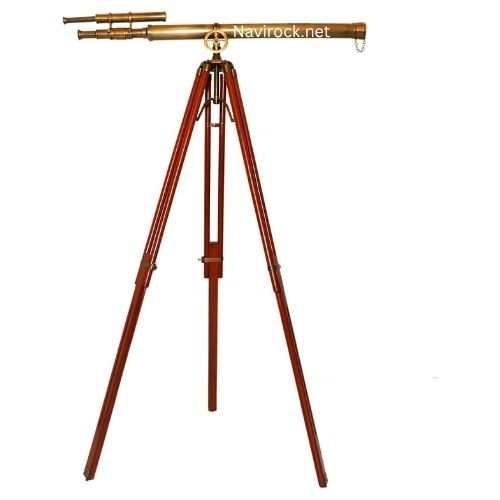 Vintage Double Barrel Brass Nautical Telescope with Wooden Tripod Stand, Floor Standing Maritime Spyglass Decor, Antique Explorer Observation Scope for Living Room, Office & Coastal Home Decoration