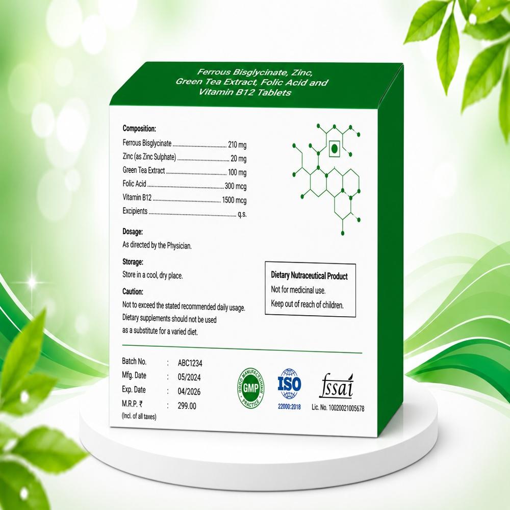 Ferrous bis glycinate , Zinc, Green Tea Extract, Folic And Vitamin B12 Tablets