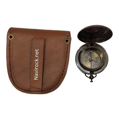 Antique Style Brass Sundial Clock Compass Handmade Navigational Tool with Leather Case Push Open Compass Antique Finish