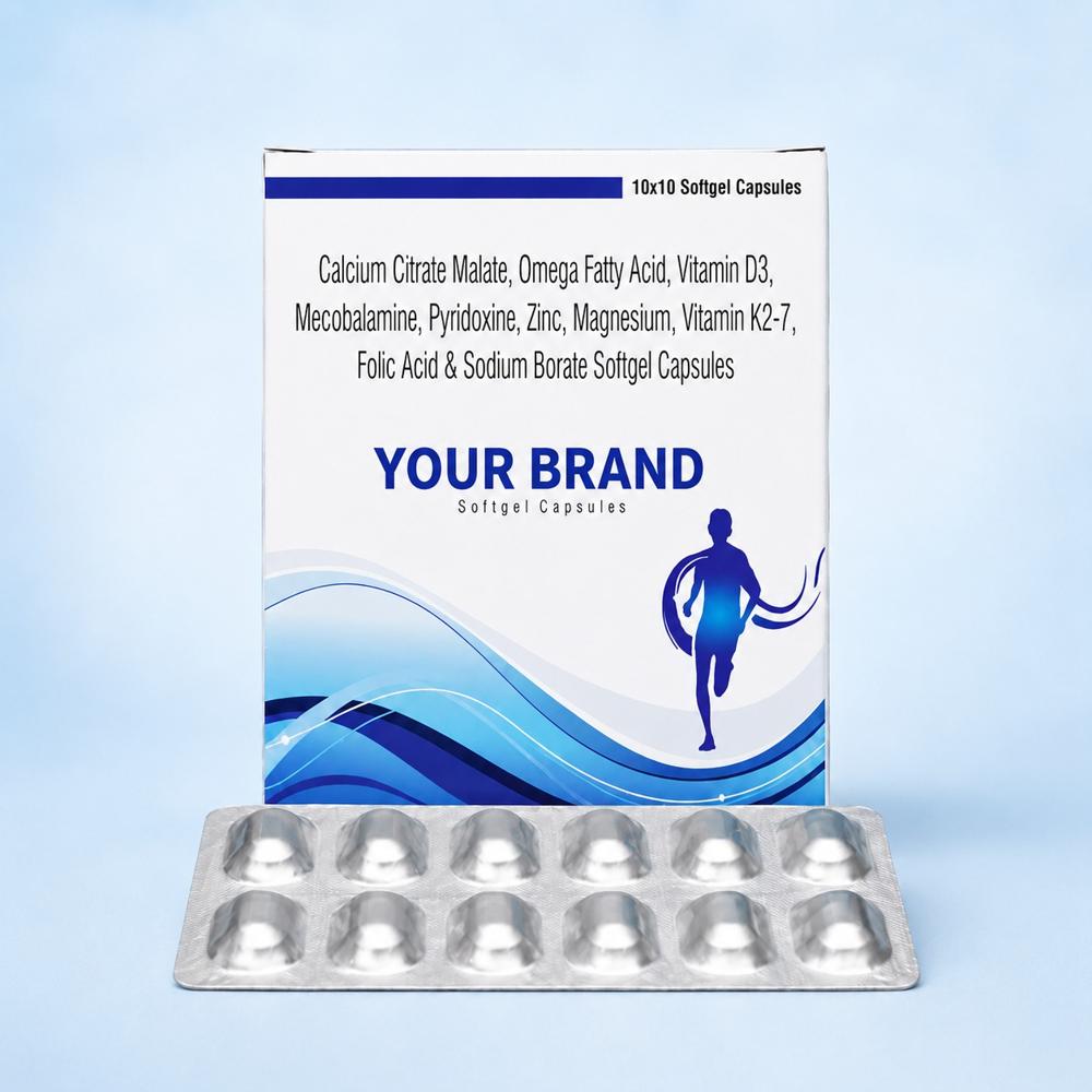 Calcium Citrate Malate, Omega Fatty Acid, Vitamin D3, Mecobalamin, Pyridoxine, Zinc, Magnesium, Vitamin K2-7, Folic Acid & Sodium Borate Softgel Capsules