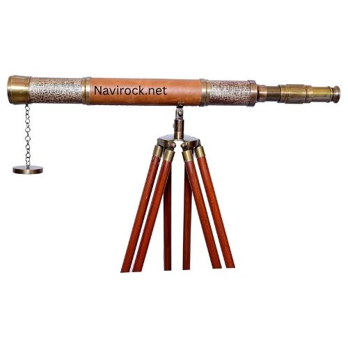 Antique Decorative Brass Floor Telescope Handmade Vintage Spyglass with Brown Leather Detailing