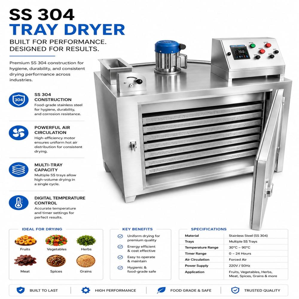 50 kg Electric Dryer - Stainless Steel Chamber, Mild Steel Body, Metallic Silver | Thermal Insulated, Multiple Trays, Manual Switches, 2 kW Power Consumption