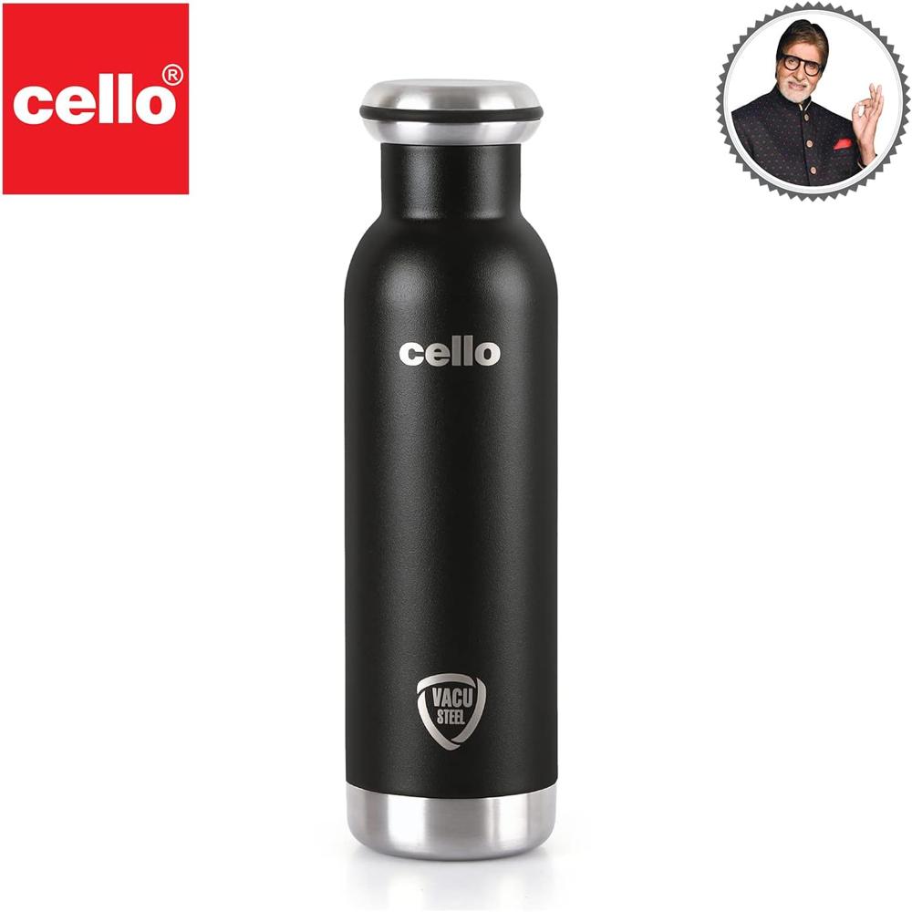 Cello Duro Tuff Steel Series Mac Flask, 600ml, Black | Hot and Cold Stainless Steel Water Bottle | Durable DTP Coating |Vacuum Insulated Bottle for Travel, Home, Office, School 