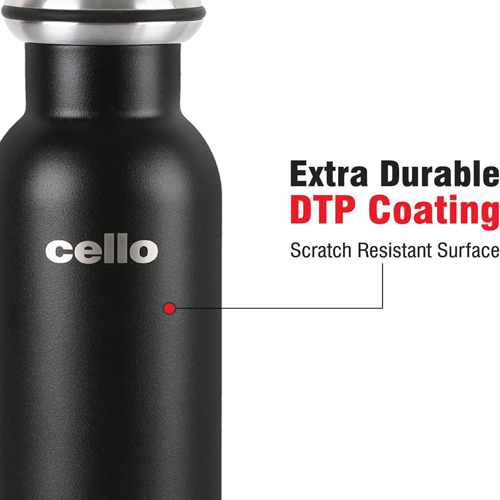 Cello Duro Tuff Steel Series Mac Flask, 600ml, Black | Hot and Cold Stainless Steel Water Bottle | Durable DTP Coating |Vacuum Insulated Bottle for Travel, Home, Office, School 