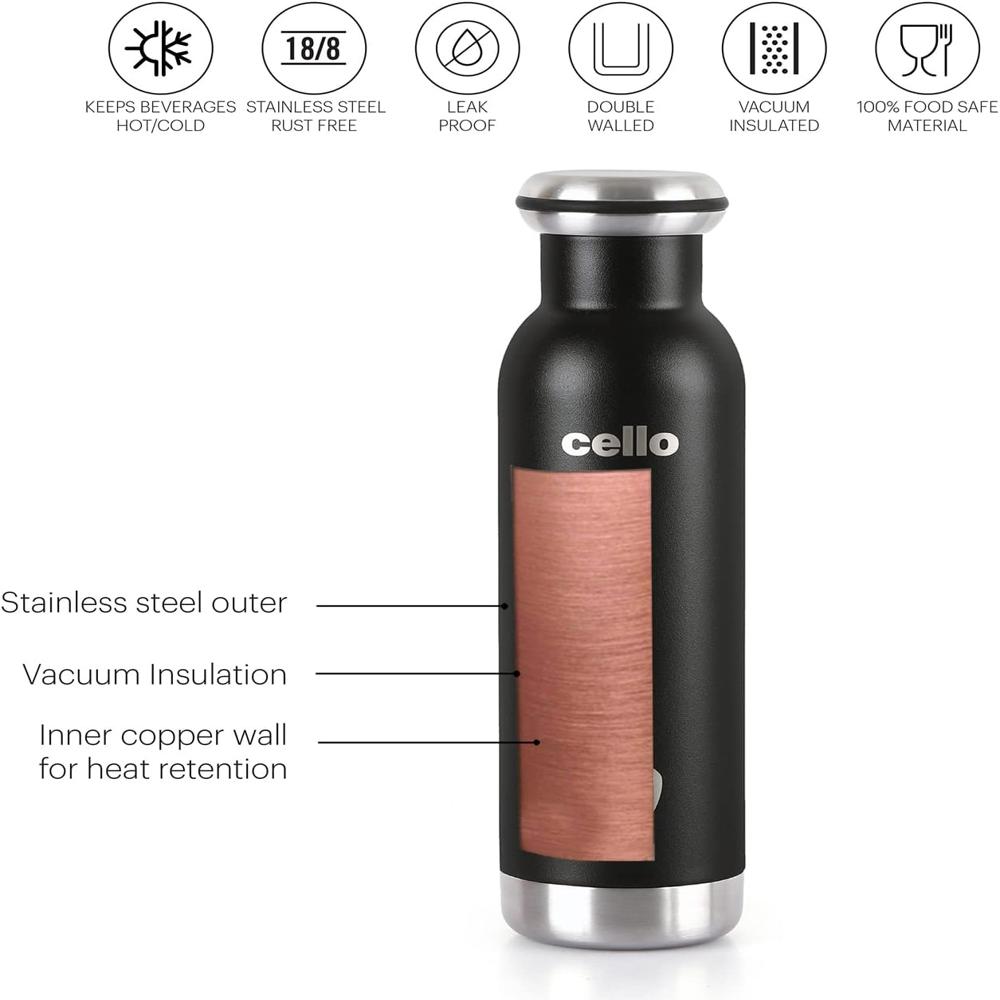 Cello Duro Tuff Steel Series Mac Flask, 900ml, Black | Hot and Cold Stainless Steel Water Bottle | Durable DTP Coating |Vacuum Insulated Bottle for Travel, Home, Office, School