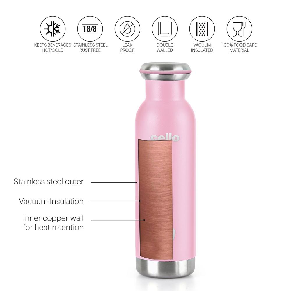 Cello Duro Sip Double Walled, Duro Tuff Steel Series, Vacusteel Water Flask with Durable DTP Coating,600 ml, Pink