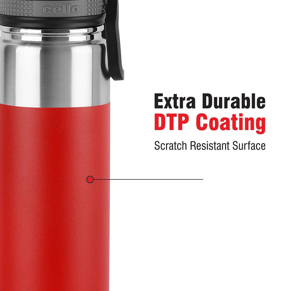 Cello Duro Tuff Steel Series Sprint Flask | Hot and Cold Stainless Steel Water Bottle | Durable DTP Coating |Vacuum Insulated Sports Bottle for Travel, Home, Office, School | 850ml, Red
