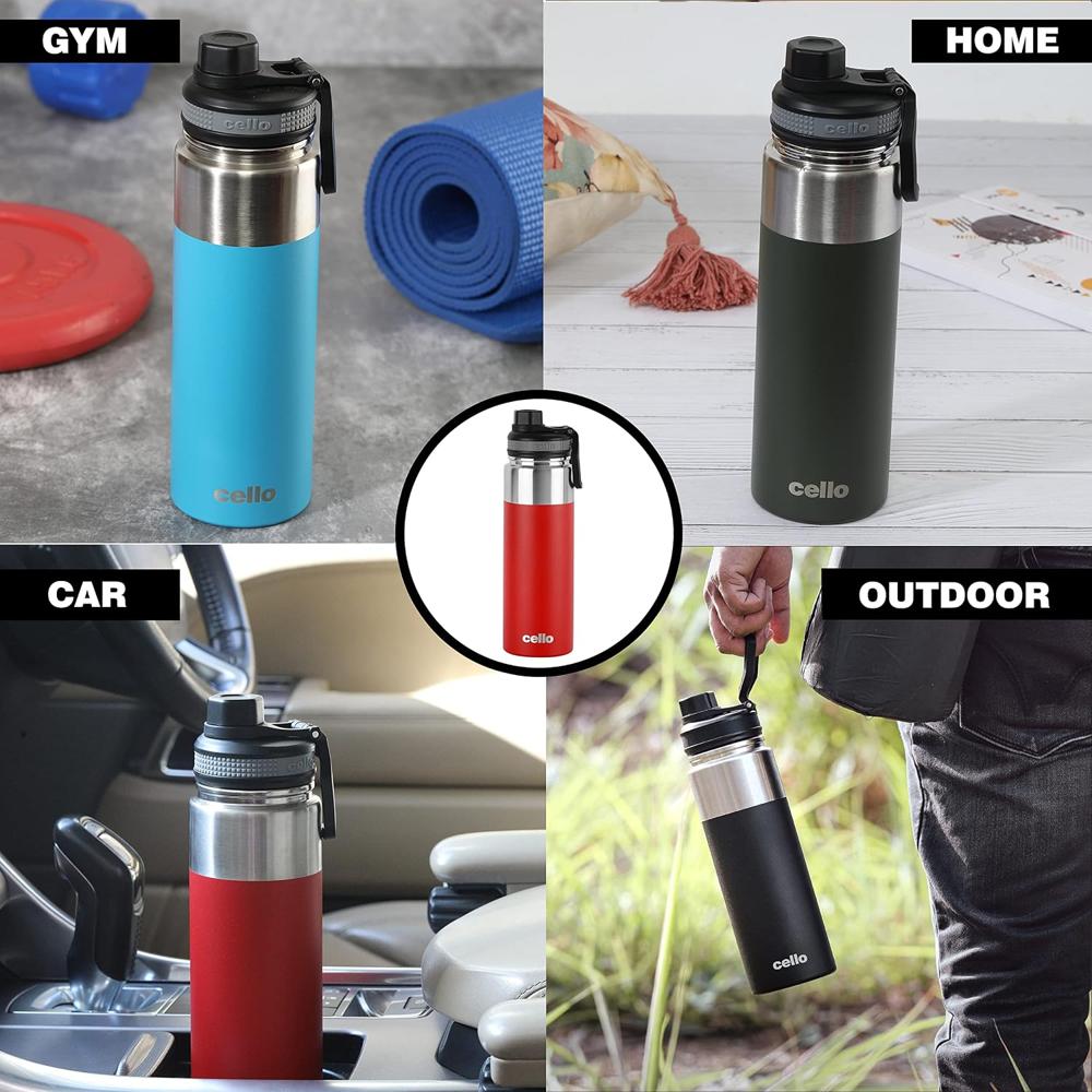 Cello Duro Tuff Steel Series Sprint Flask | Hot and Cold Stainless Steel Water Bottle | Durable DTP Coating |Vacuum Insulated Sports Bottle for Travel, Home, Office, School | 850ml, Red
