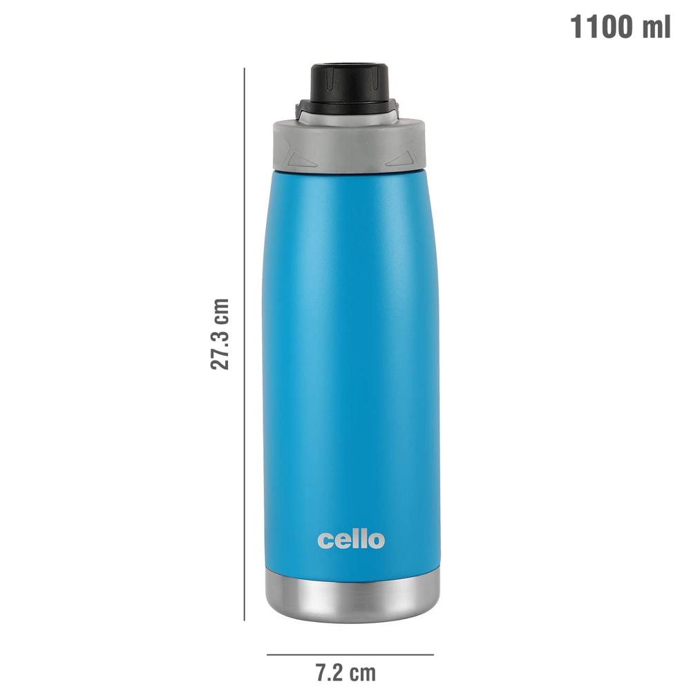 Cello Duro Tuff Steel Series Sport Flask | Hot and Cold Stainless Steel Water Bottle | Durable DTP Coating |Vacuum Insulated Sports Bottle for Travel, Home, Office, School | 1100 ml, Blue