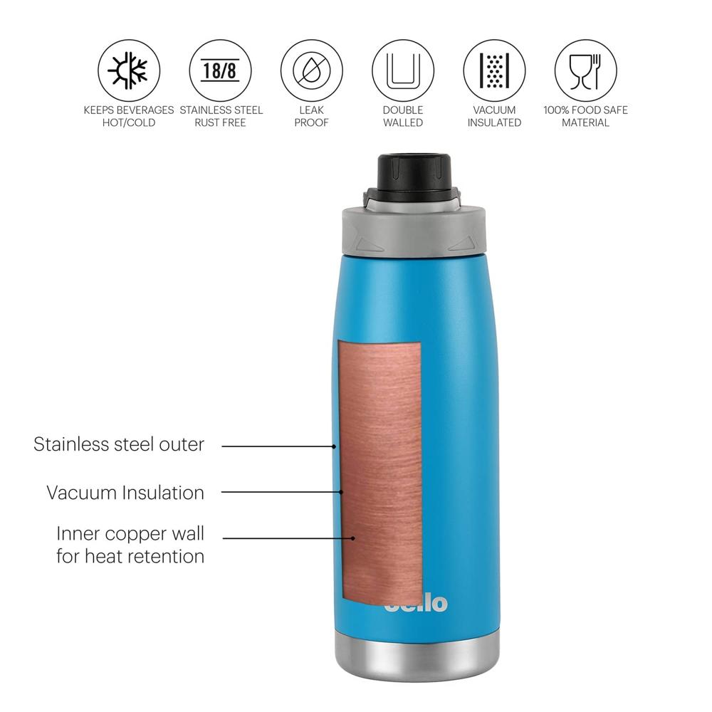 Cello Duro Tuff Steel Series Sport Flask | Hot and Cold Stainless Steel Water Bottle | Durable DTP Coating |Vacuum Insulated Sports Bottle for Travel, Home, Office, School | 1100 ml, Blue
