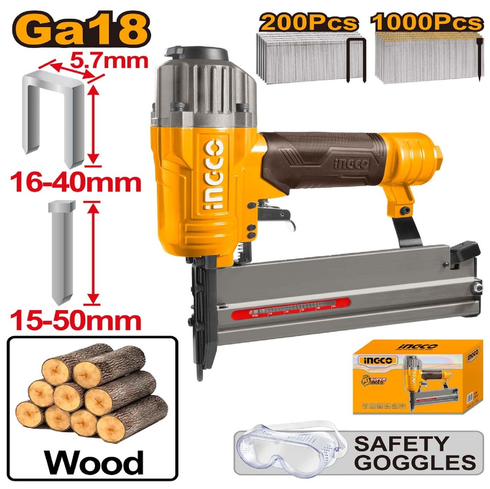 INGCO 2 IN 1 Combo Brad Nailer, With 1000 PCS Brad Nails & 200 PCS Staples