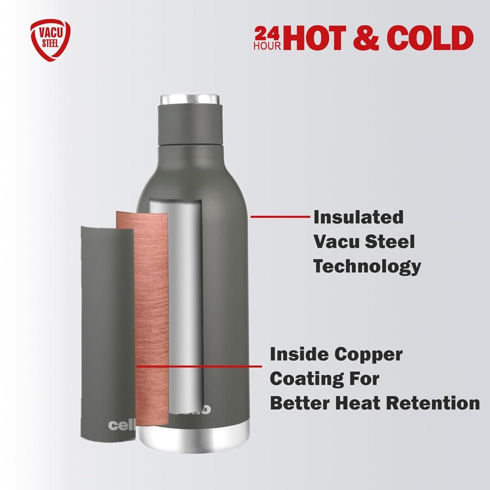 CELLO Duro Tuff Steel Series Marbella Thermosteel Flask, 600ml, Green | 24 Hours Hot & Cold Bottle | Flask for Tea Coffee | Ideal for Office, Gym, Home, Kitchen, Hiking, Trekking, Travel Bottle