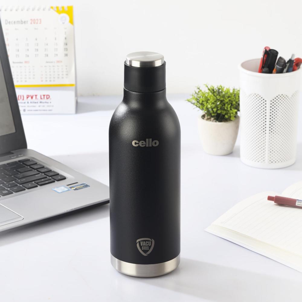 CELLO Duro Tuff Steel Series Marbella Thermosteel Flask, 900ml, Black | 24 Hours Hot & Cold Bottle | Flask for Tea Coffee | Ideal for Office, Gym, Home, Kitchen, Hiking, Trekking, Travel Bottle
