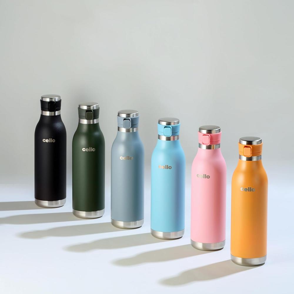 Cello Duro Jet Thermosteel Water Bottle 600 Ml, Black | Isi Certified Double Wall Vacuum Insulated | Easy To Sip & Pour Wide Mouth, Push Button Leak Proof Lid | Insulated Hot & Cold Thermos Bottle - Coating Type: Na