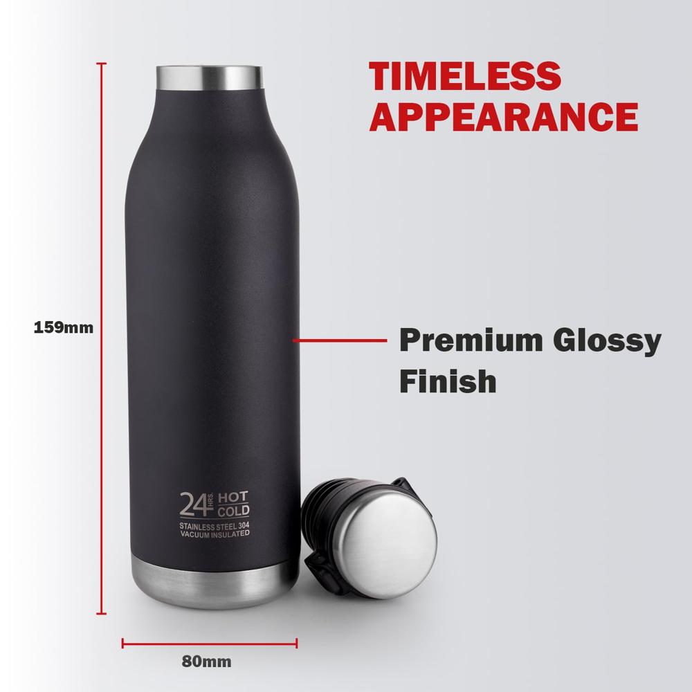 Cello Duro Jet Thermosteel Water Bottle 600 ml, Black | ISI Certified Double Wall Vacuum Insulated | Easy to Sip & Pour Wide Mouth, Push Button Leak Proof Lid | Insulated Hot & Cold Thermos Bottle