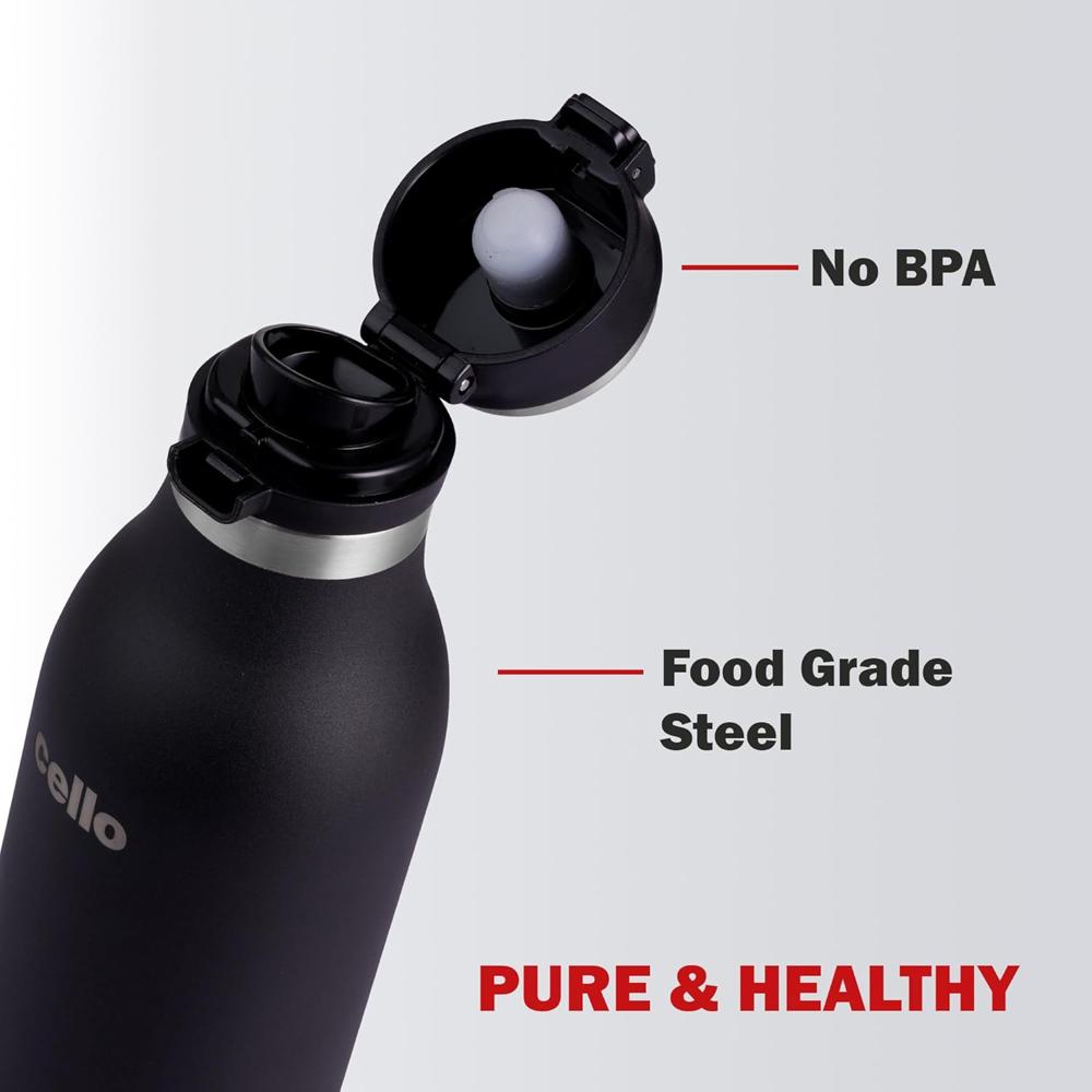 Cello Duro Jet Thermosteel Water Bottle 600 ml, Black | ISI Certified Double Wall Vacuum Insulated | Easy to Sip & Pour Wide Mouth, Push Button Leak Proof Lid | Insulated Hot & Cold Thermos Bottle