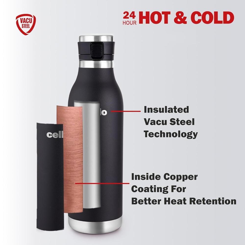 Cello Duro Jet Thermosteel Water Bottle 600 ml, Black | ISI Certified Double Wall Vacuum Insulated | Easy to Sip & Pour Wide Mouth, Push Button Leak Proof Lid | Insulated Hot & Cold Thermos Bottle