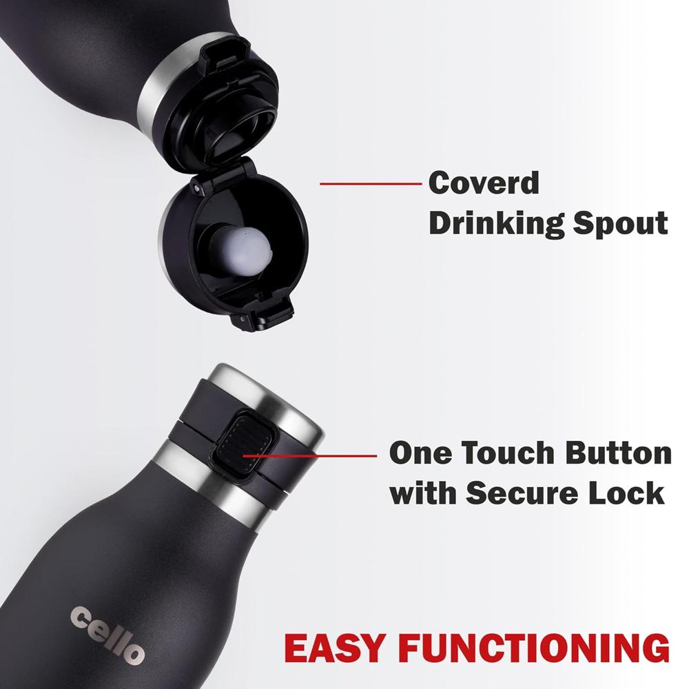 Cello Duro Jet Thermosteel Water Bottle 900 ml, Black | ISI Certified Double Wall Vacuum Insulated | Easy to Sip & Pour Wide Mouth, Push Button Leak Proof Lid | Insulated Hot & Cold Thermos Bottle