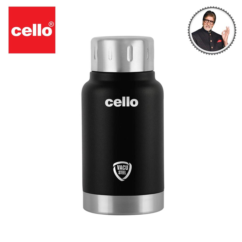 Cello Duro Top Double Walled Insulated Flask | Vacusteel Water Flask with Durable DTP Coating | Leak Proof Flask for Beverages | Ideal for Home, Travel, Office | 180ml, Black