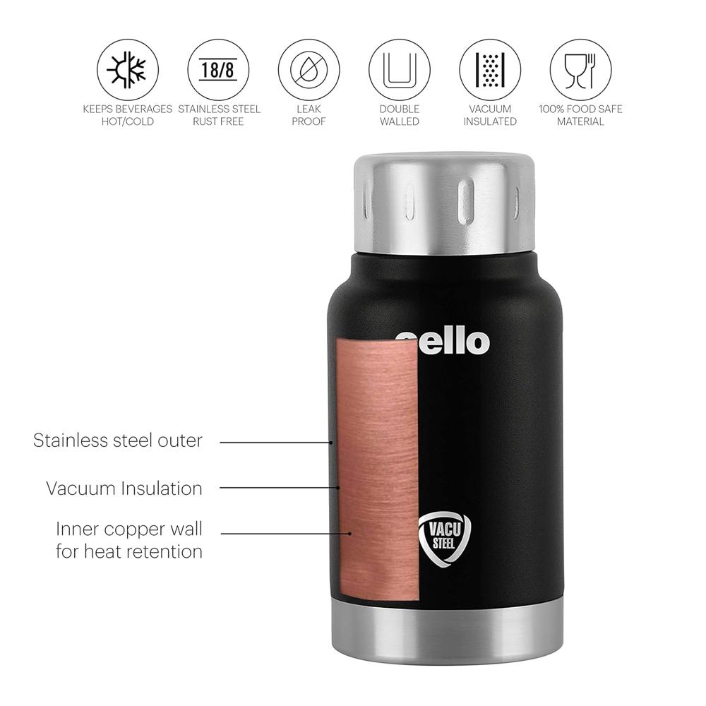 Cello Duro Top Double Walled Insulated Flask | Vacusteel Water Flask with Durable DTP Coating | Leak Proof Flask for Beverages | Ideal for Home, Travel, Office | 180ml, Black