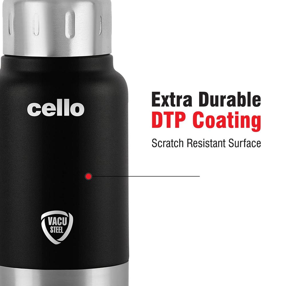 Cello Duro Top Double Walled Insulated Flask | Vacusteel Water Flask with Durable DTP Coating | Leak Proof Flask for Beverages | Ideal for Home, Travel, Office | 180ml, Black