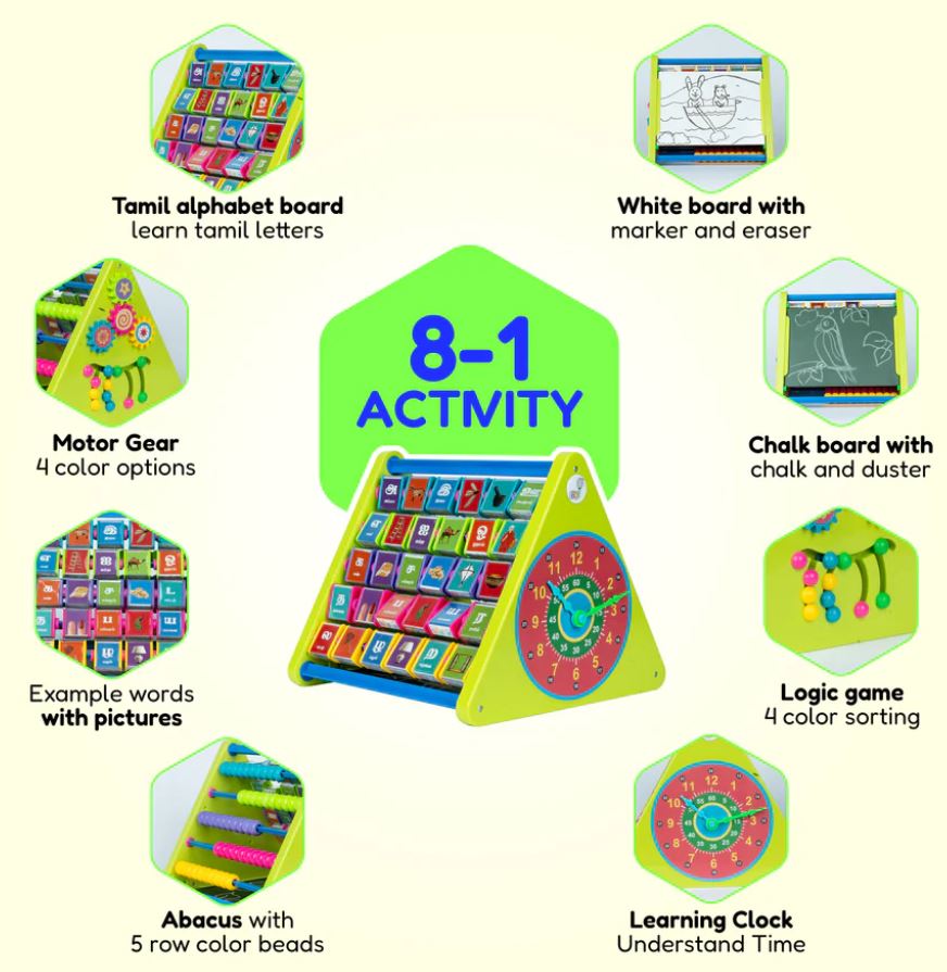 8-in-1 Activity Triangle Toy/TAMIL Activity Triangle/Tamil Alphabets for Kids 2+ Years