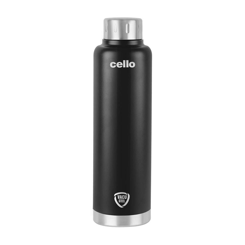 Cello Duro Top Double Walled Insulated Flask | Vacusteel Water Flask with Durable DTP Coating | Leak Proof Flask for Beverages | Ideal for Home, Travel, Office | 750ml, Black