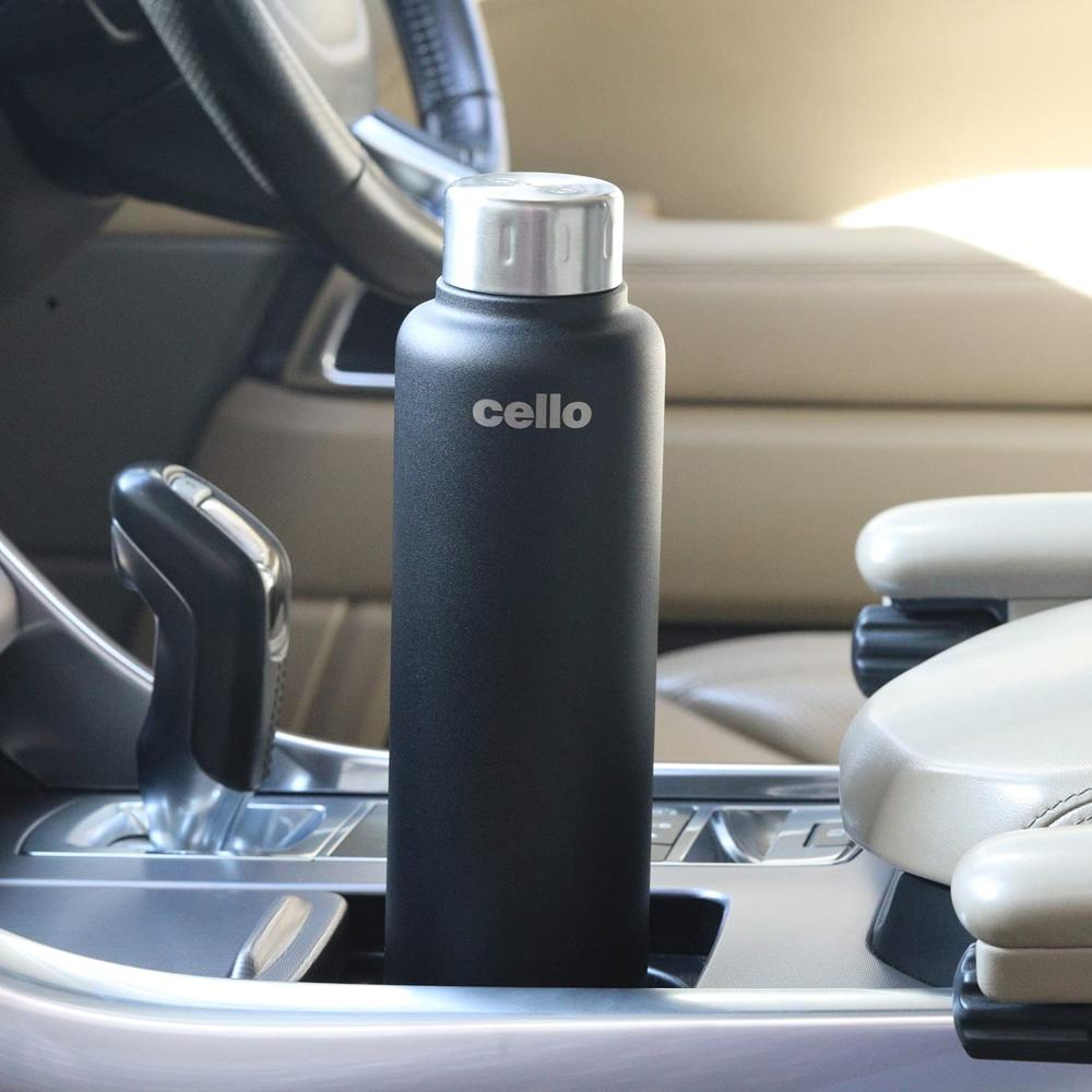 Cello Duro Top Double Walled Insulated Flask | Vacusteel Water Flask with Durable DTP Coating | Leak Proof Flask for Beverages | Ideal for Home, Travel, Office | 750ml, Black