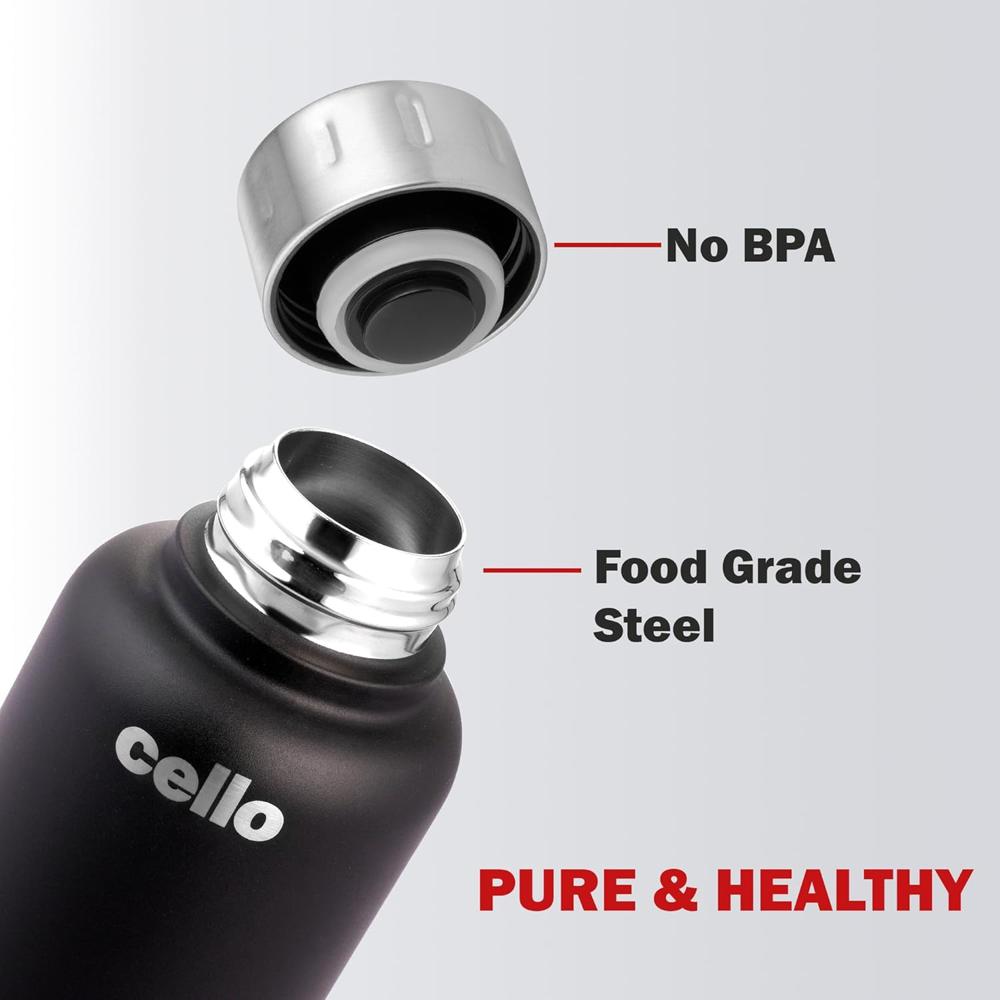 Cello Duro Top Double Walled Insulated Flask | Vacusteel Water Flask with Durable DTP Coating | Leak Proof Flask for Beverages | Ideal for Home, Travel, Office | 750ml, Black