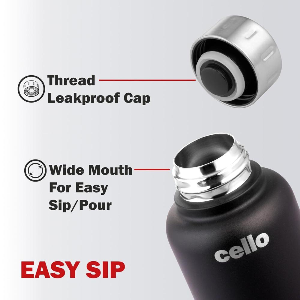 Cello Duro Top Double Walled Insulated Flask | Vacusteel Water Flask with Durable DTP Coating | Leak Proof Flask for Beverages | Ideal for Home, Travel, Office | 750ml, Black